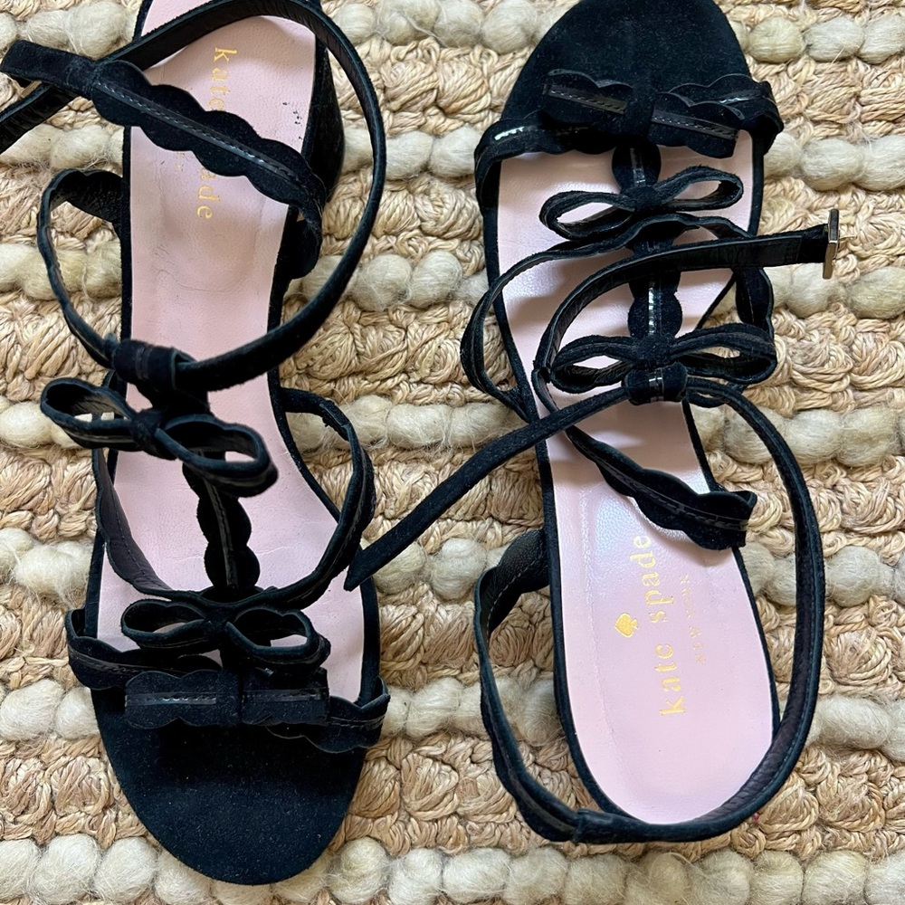 kate spade Black Suede Bow Strappy Ankle Tie Heels